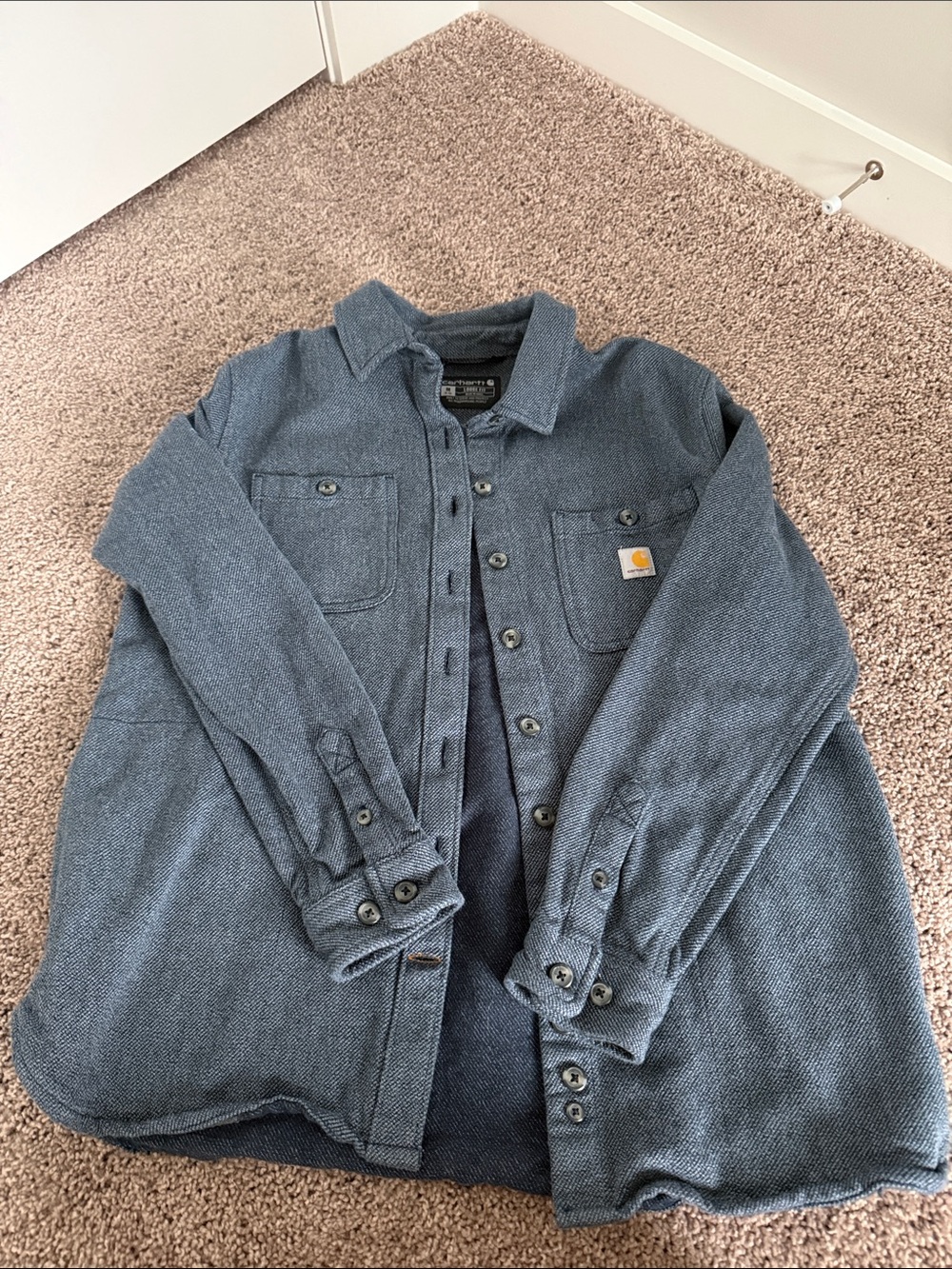 Carhartt Slate Blue with a full button front.